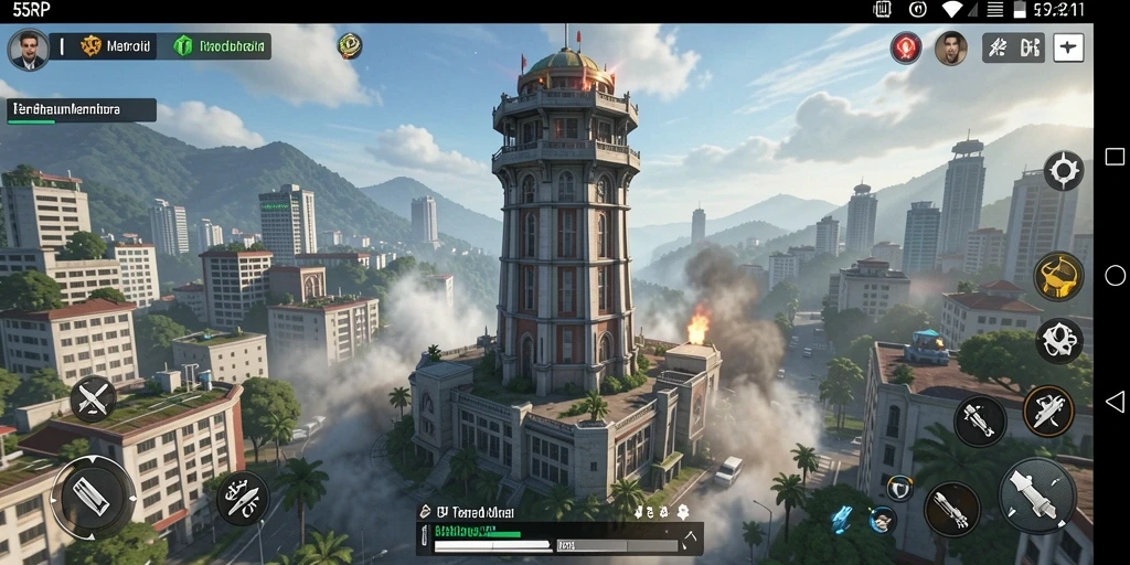 Screenshot gameplay 55RP dengan menara dan musuh di medan perang.