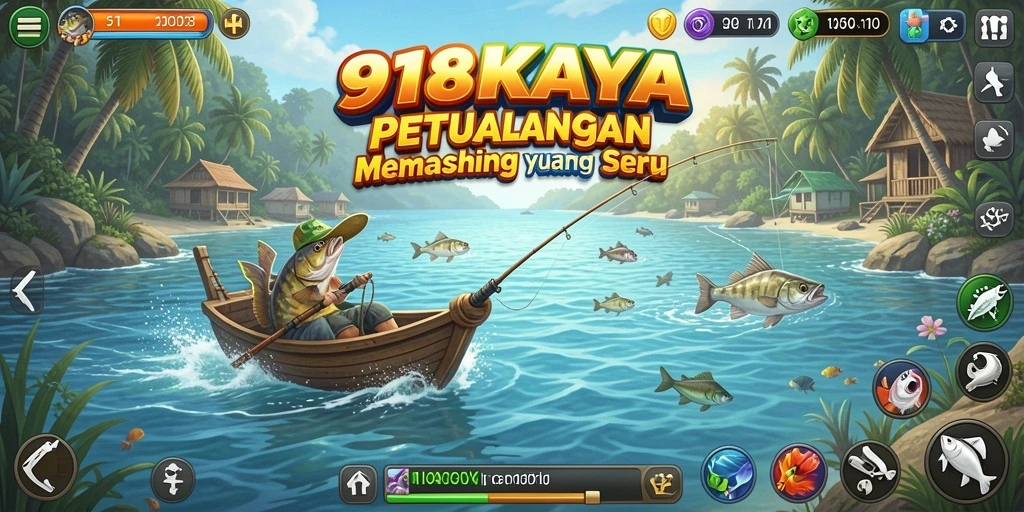 Tampilan gameplay 918KAYA yang menampilkan aksi memancing seru di lautan.