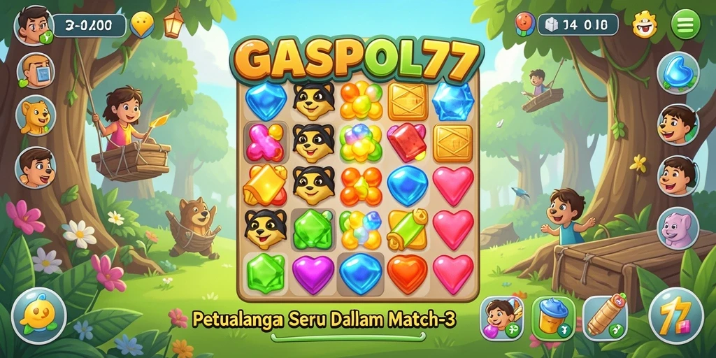 Tampilan gameplay GASPOL77 yang seru dan penuh warna dalam aksi Match-3.