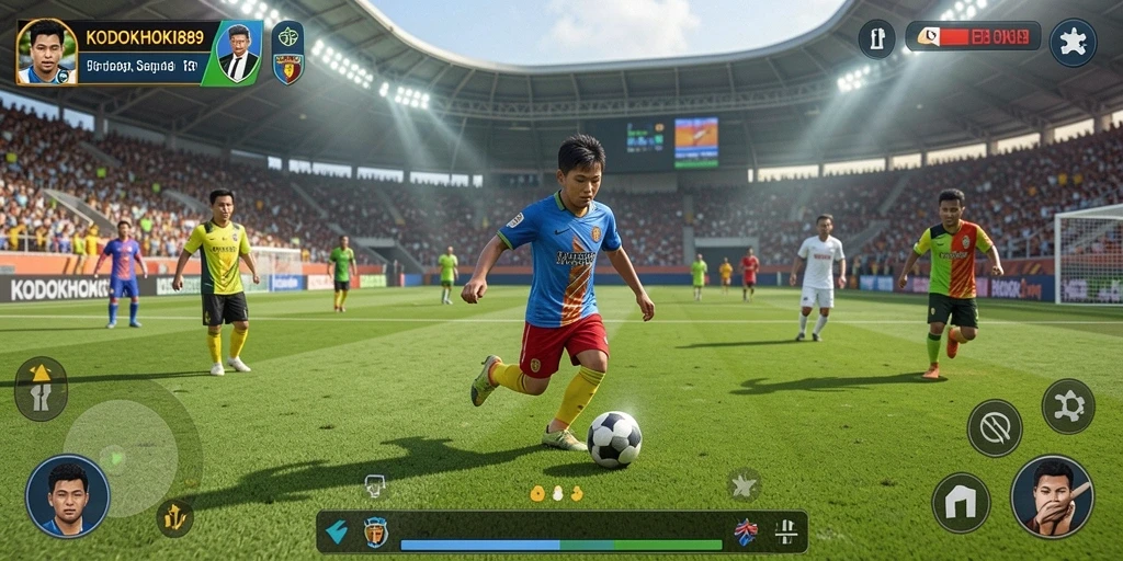 Tampilan gameplay menegangkan di KODOKHOKI889 dengan aksi sepak bola.