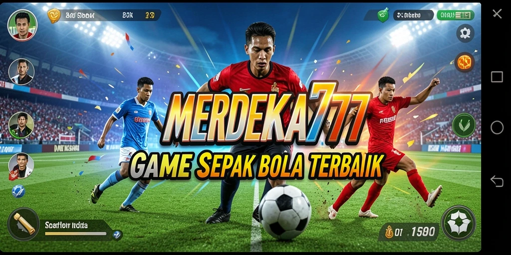 Tampilan gameplay MERDEKA777 dengan aksi dramatis di lapangan sepak bola.