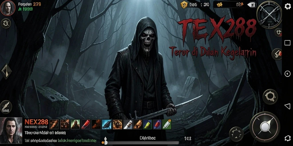 Screenshot gameplay NEX288 menampilkan suasana menakutkan dan kengerian yang mencekam.
