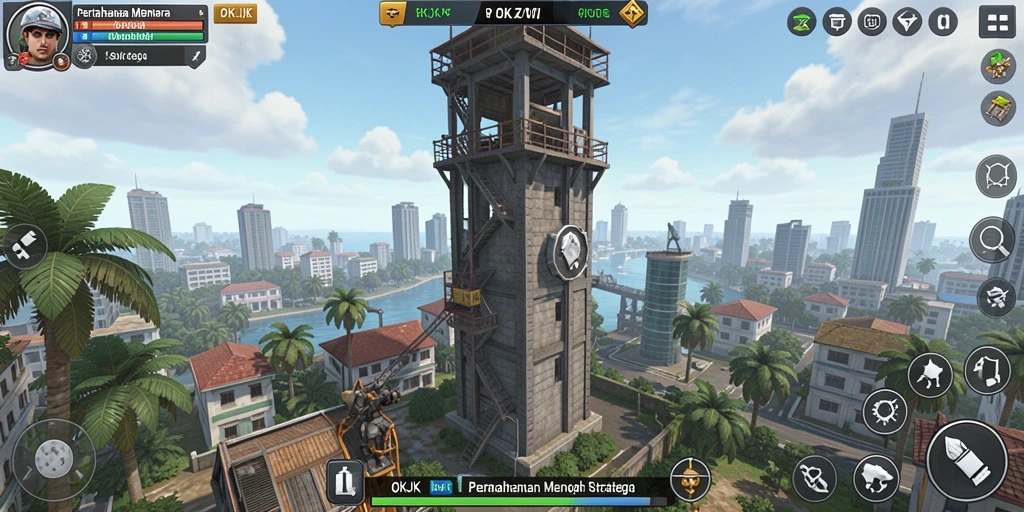 Screenshot gameplay OKJK yang menunjukkan pertahanan menara yang strategis.
