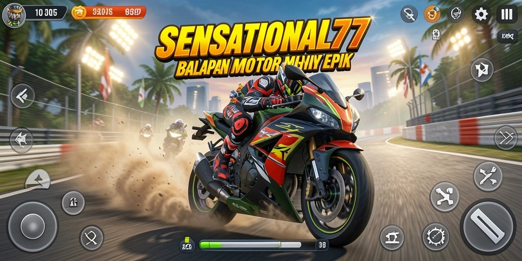 Screenshot utama SENSATIONAL77 menampilkan aksi balap motor yang seru dan mendebarkan.